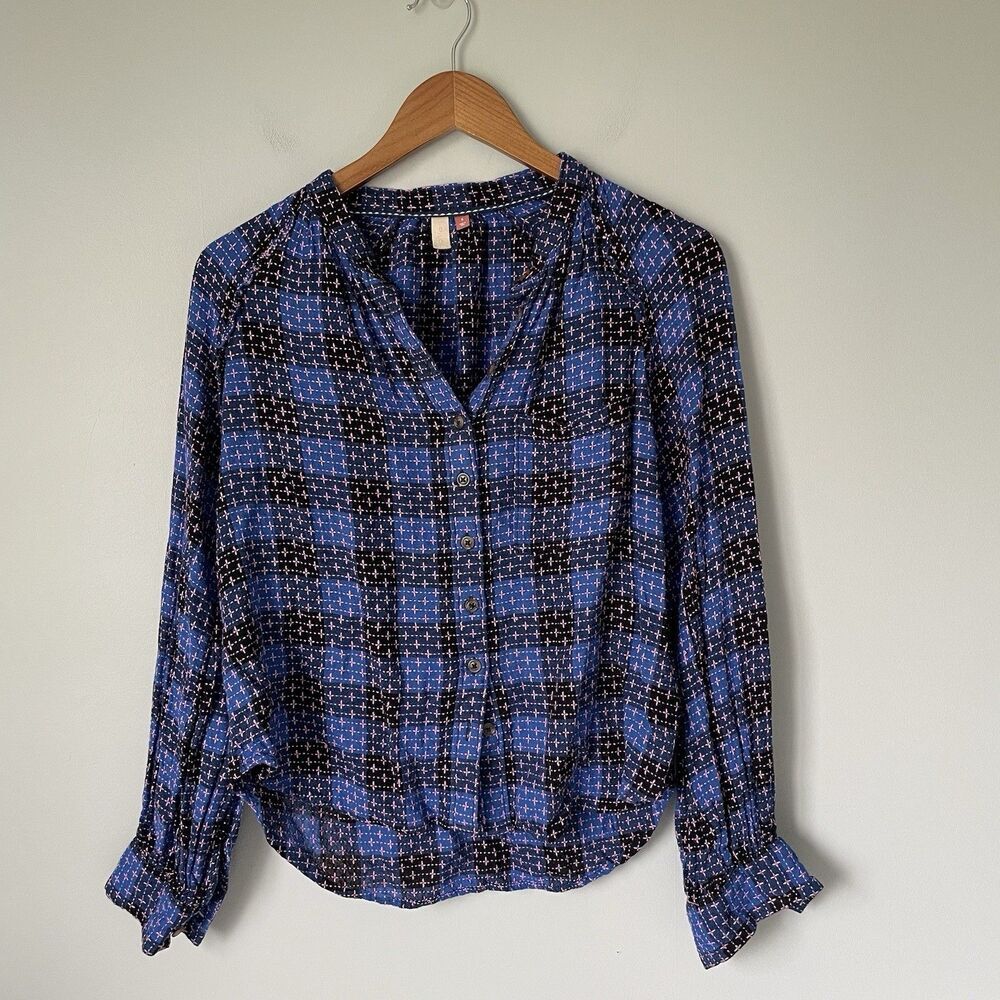 Pilcro by Anthropologie Plaid Embroidered Stitch Blouse Top Blue Size Small